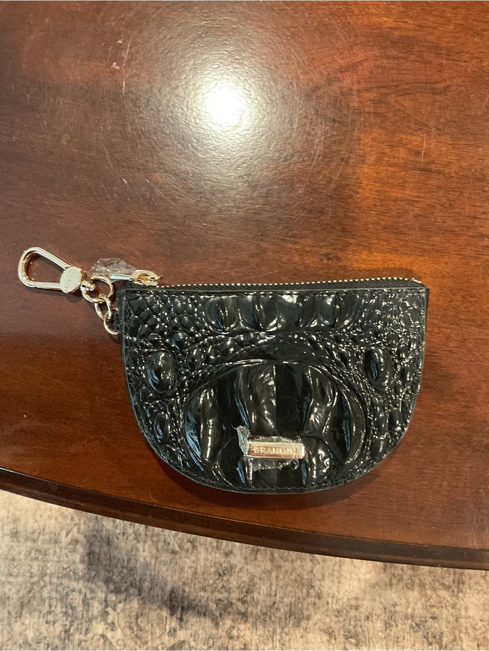 Brahmin Britt Black Patent Croc-Embossed Half-Moon Coin Pouch with Gold Hardware